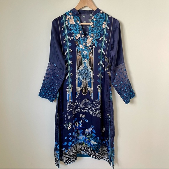 Satin Embroidered Tunic Top Blue Asian Print - Picture 1 of 7